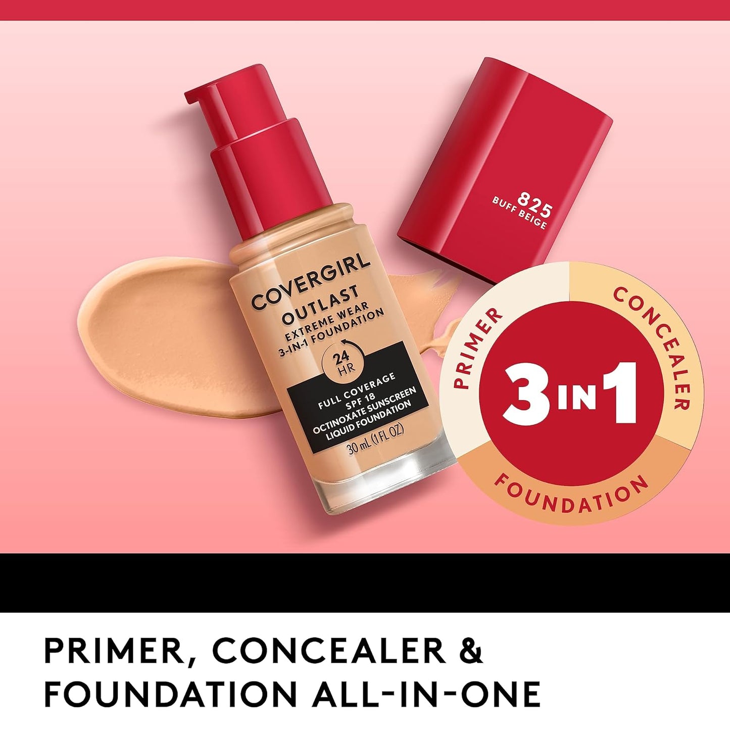 Covergirl Outlast Extreme Wear 3-in-1 Full Coverage Liquid Foundation, SPF 18 Sunscreen, Cappuccino, 1 Fl. Oz.