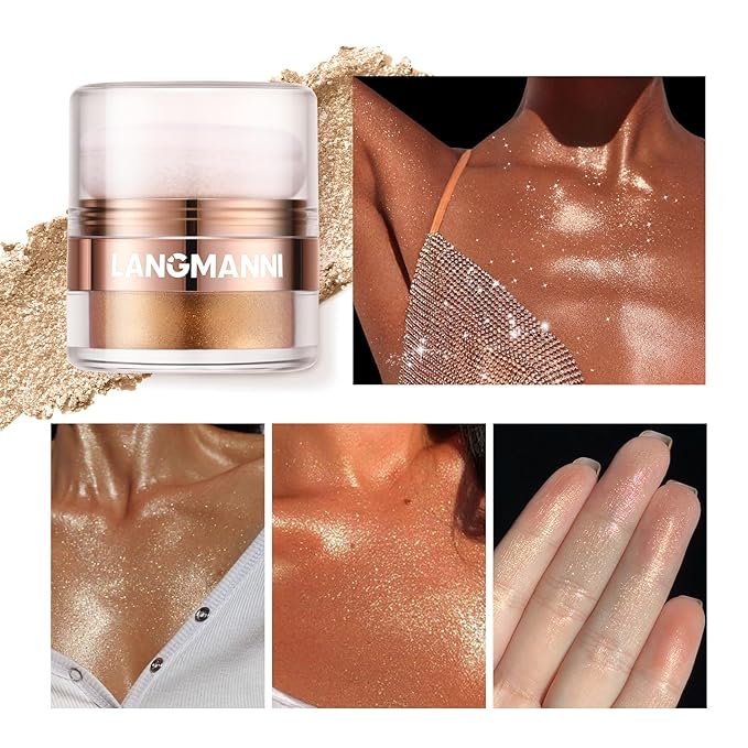 Glitter Body Highlighter Powder Body Shimmer Sparkle Face Brightening Highlighter Powder for Face Eyes Body Glow Makeup With sponge head（Purple）