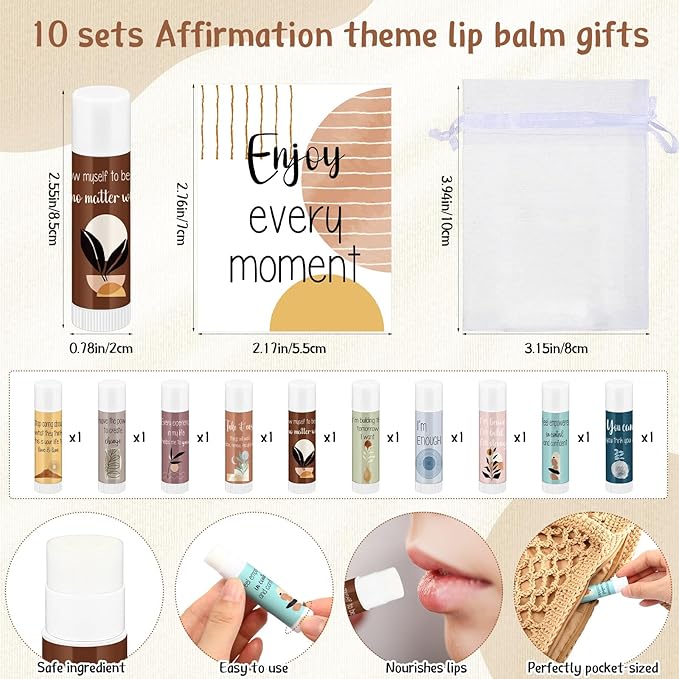 Mental Health Awareness Gifts Lip Balm Bulk Inspirational Lip Balm with Positive Daily Affirmation Cards Self Care Gifts Gifts for Women Men Stress Relief Family Reunion Favor(10 Sets)