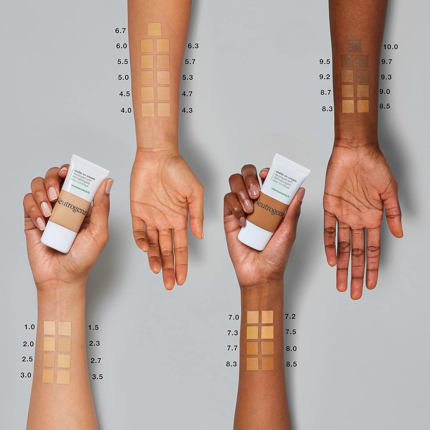 Neutrogena Clear Coverage Flawless Matte CC Cream, Full-Coverage Color Correcting Cream Face Makeup with Niacinamide (b3), Hypoallergenic, Oil Free & Fragrance Free, Cool Almond, 1 oz
