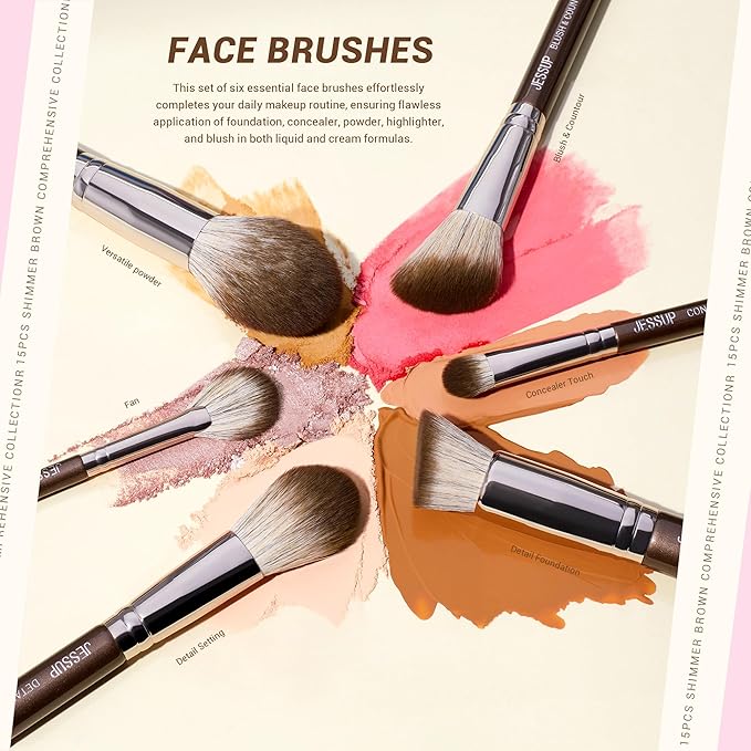 Jessup Makeup Brushes Set 15pcs Brown Make up Brushes Set Professional Premium Synthetic Foundation Eyebrow Concealer Blush Eyeshadow Contour Eyeliner Powder Blending Highlighter Brush, T498
