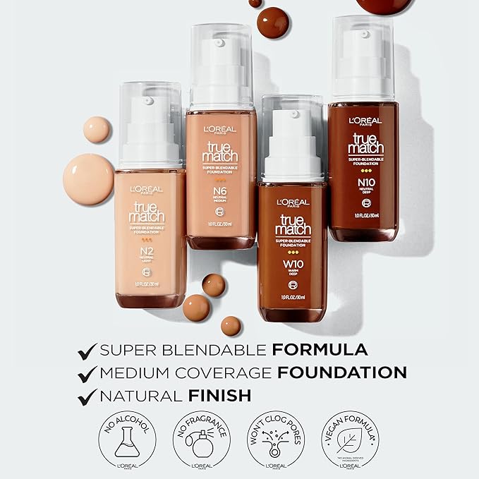 L'Oreal Paris True Match Super-Blendable Foundation, Medium Coverage Liquid Foundation Makeup, C6, Medium, 1 Fl Oz