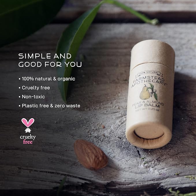 Farmstead Apothecary 100% Natural Lip Balm with Organic Beeswax, Organic Shea Butter & Organic Coconut Oil, Pear & Almond 0.2oz (Pack of 2)