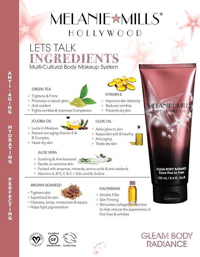 Melanie Mills Hollywood Gleam Body Radiance All In One Makeup, Moisturizer & Glow For Face & Body - Deep Gold, Mini 1 fl.oz.