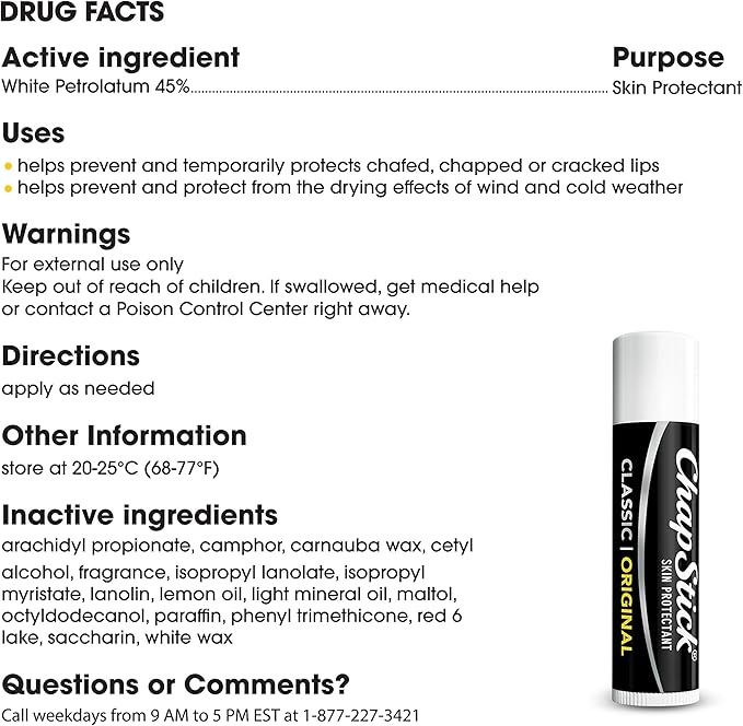ChapStick Classic Original Lip Balm Tubes, Lip Care - 0.15 Oz (Pack of 3)