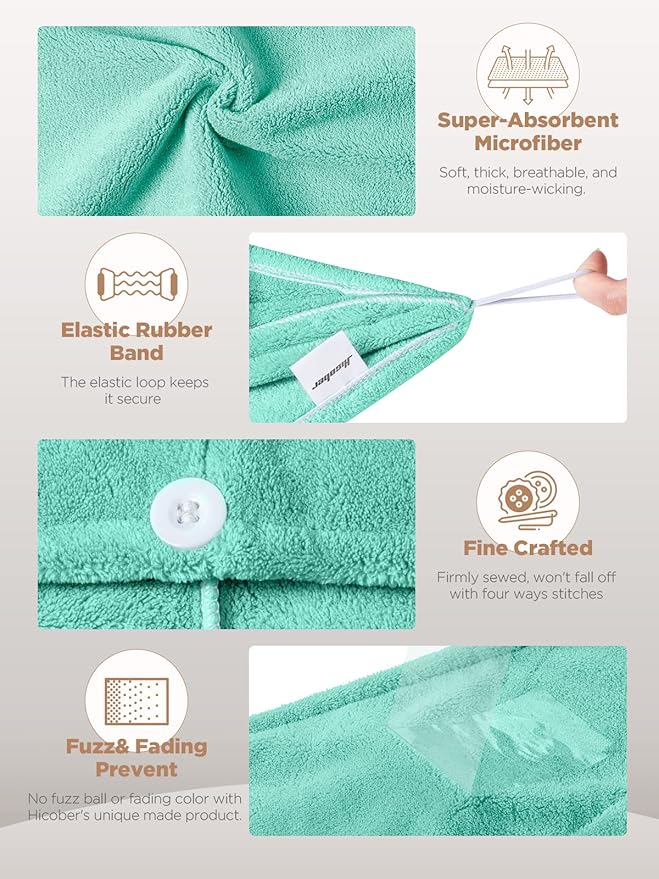 Hicober Microfiber Towel, Turbans for Wet Hair, Drying Wrap Towels for Curly Hair Women Towel Wrap for Kids-Purple,Green,Grey-Pack of 3