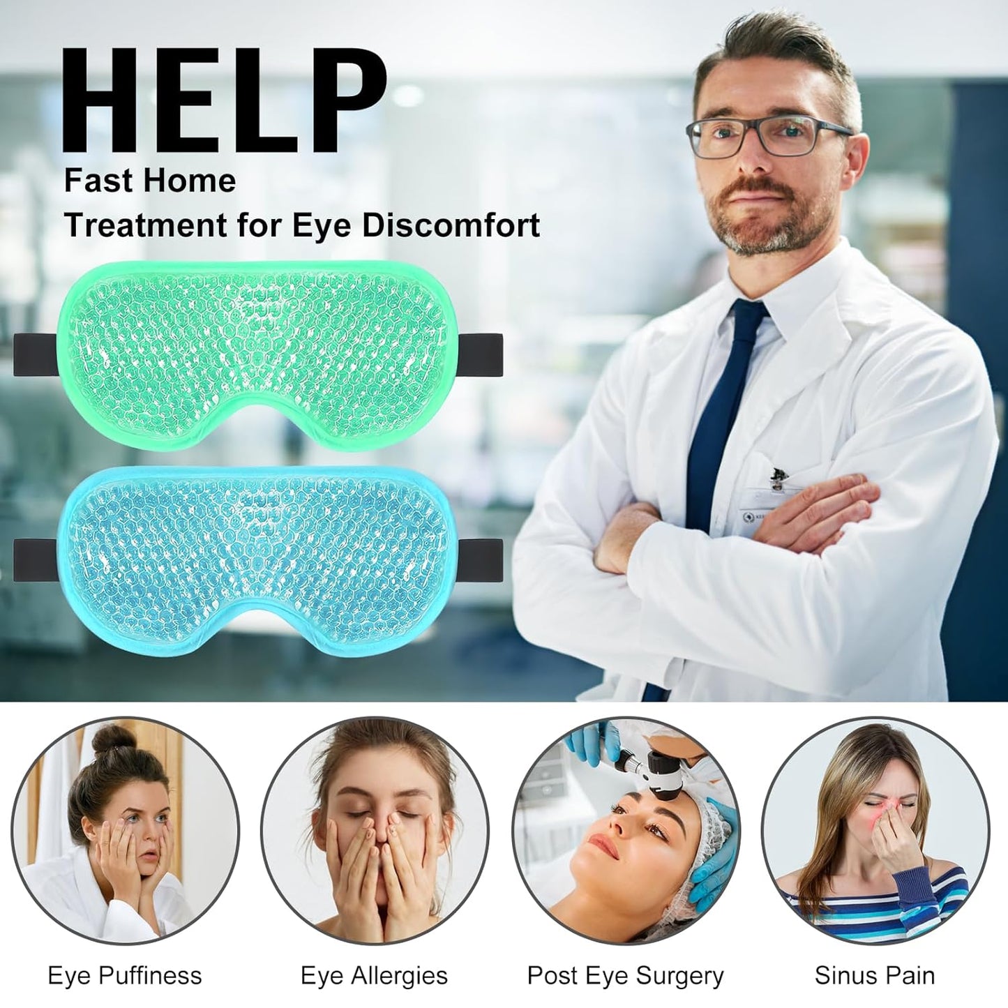 BeeVines Gel Eye Mask, 2 Pack Cooling Ice Masks for Puffy Eyes for Men & Women, Cold & Warm Compress for Post Surgery, Puffiness, Allergies & Treatment(Blue & Green)