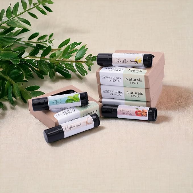 Lip Balm Naturals 4-Pack, Mint Vanilla Cinnamon Red Apple Unflavored, Natural Beeswax, Moisturizing Lip Treatment, 4 Tubes, 0.15 oz., White