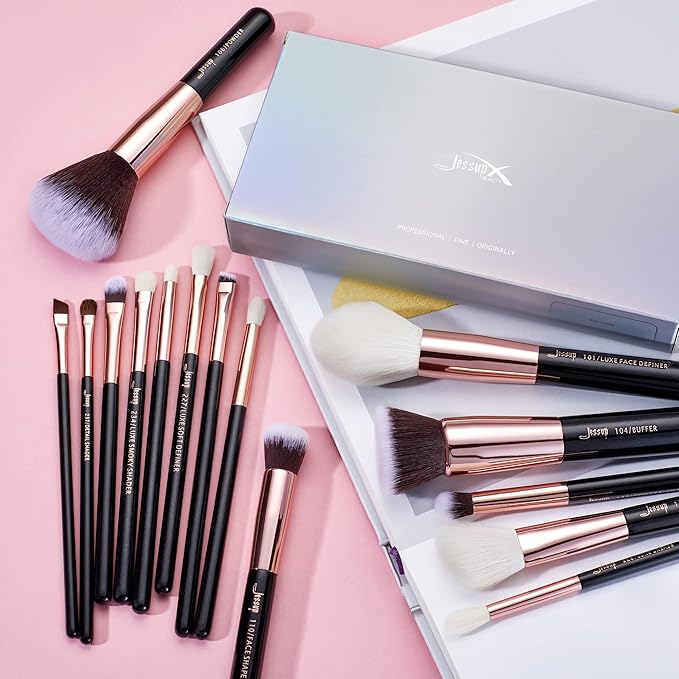 Jessup Makeup Brushes, Labeled Makeup Brush Set Premium Synthetic and Natural Hair Foundation Powder Concealer Eyeshadow Blending 15pcs Brush Kit, Rose Gold/Black T160