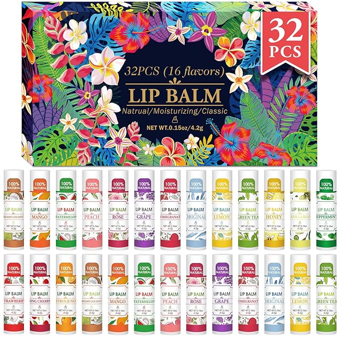 32 Pack Lip Balm, Natural Lip Balm Bulk with Vitamin E and Coconut Oil, Hydrating Lip Balm for Dry Lips, Bulk Lip Balm for Stocking Stuffers - 16 Flavors