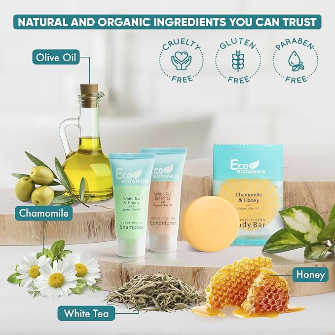 Eco Botanics Hotel Soaps and Toiletries Bulk Set | 1-Shoppe All-In-Kit Amenities for Hotels & Airbnb | 0.85 oz Hotel Shampoo & Conditioner, 0.89 oz Bar Soap Travel Size | 150 Pieces