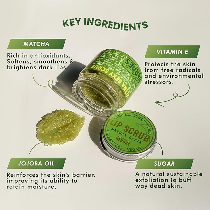 Handmade Heroes Matcha Latte Lip Scrub 1oz | 100% Natural Vegan Skin Care | Deep Conditioning Lip Scrub for Dry Lips with Jojoba Oil Avocado Oil | Natural Lightening Lip Exfoliator & Lip Plumper