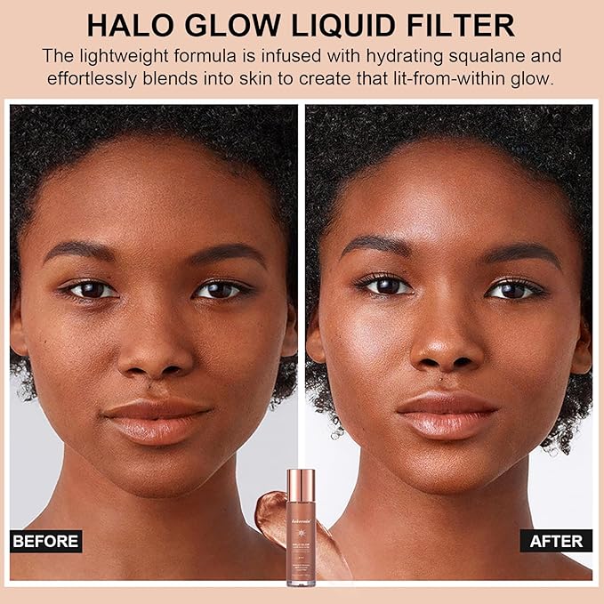 Natural Glow Liquid Filter Makeup, Longwear Face Luminizer, Complexion Booster For Any Part of the Body, Liquid Highlighter with Brush Kit, Infused Hyaluronic Acid, 1.06 fl oz (#07 DEEP/RICH)