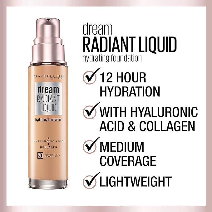 Maybelline Dream Radiant Liquid Medium Coverage Hydrating Makeup, Lightweight Liquid Foundation, Vanilla, 1 Fl; Oz