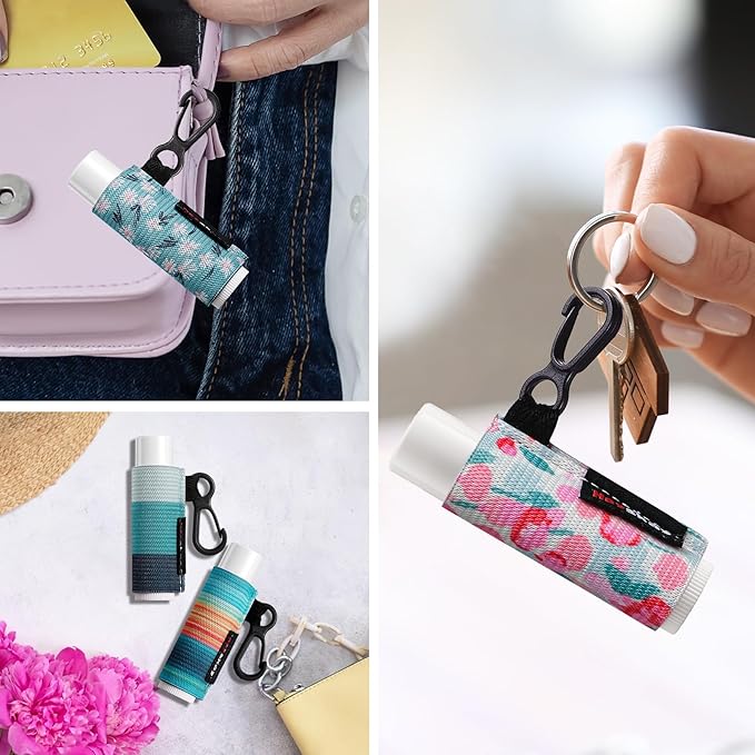 3PCS Lip Balm Holder Sleeves Chapstick Holder Keychain Lip Gloss Holder Keychain Elastic Sleeves (Black/light blue strip/dark blue strip)