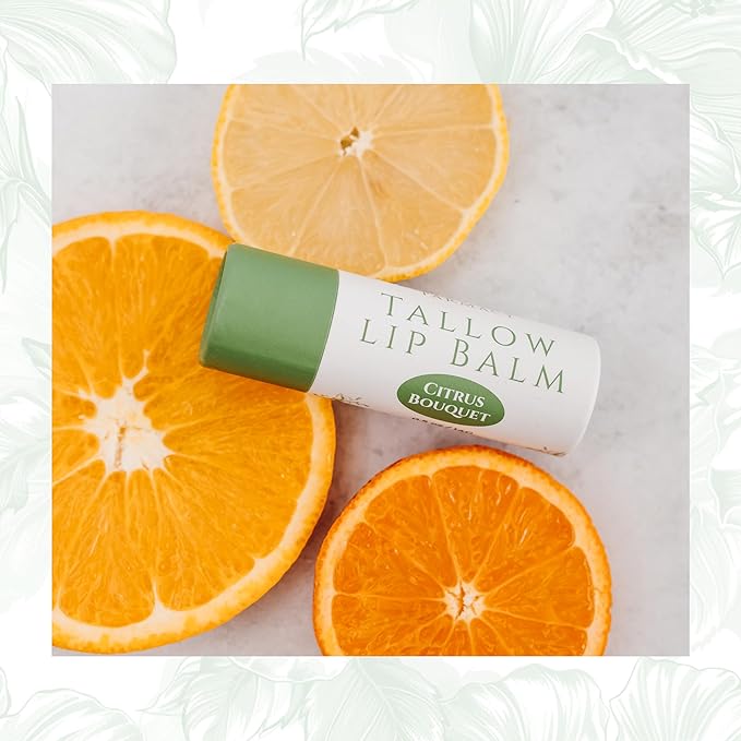 Organic Tallow Lip Balm (Citrus Bouquet) from 100% Grass Fed Cows. Super hydrating with Tallow, Olive Oil, Honey, and Beeswax. Sustainable Cardboard Tubes & Hand Filled. Jumbo Size 0.5 oz.
