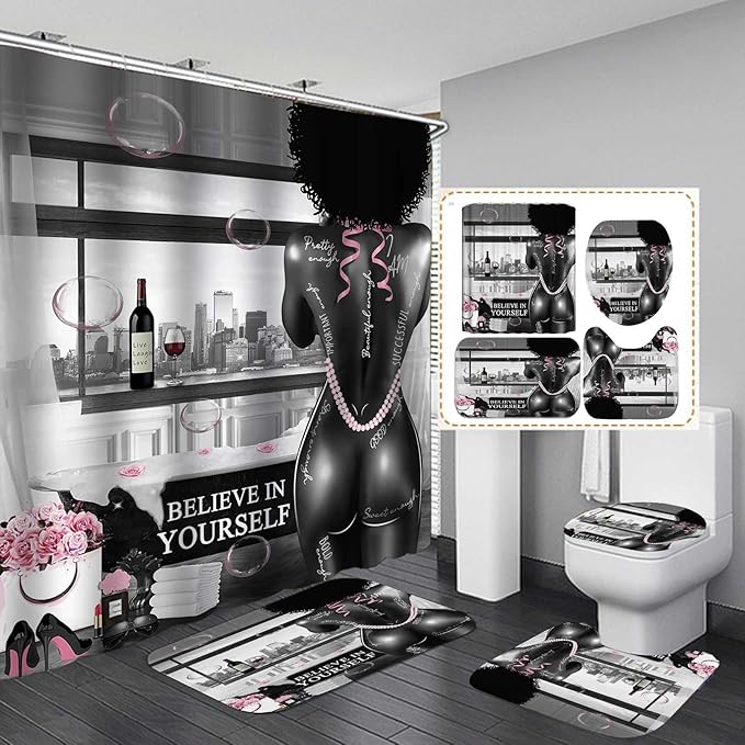 4PCS African American Black Girl Shower Curtain Sets with Rugs, Sexy Black Woman Afro Girl Black and White Modern Bathroom Decor, Non-slip Bath Mat, Motivational Inspirational Gifts for Women