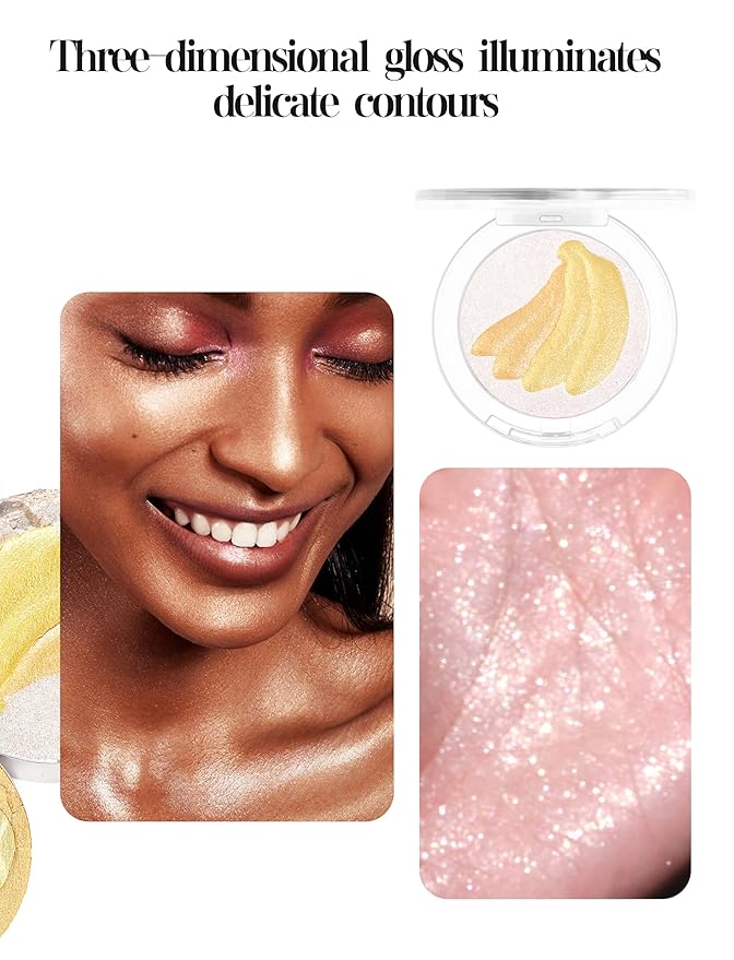 Cream Highlighter Compact, Highly Pigmented Glitter Powder Makeup, Face Highlighters & Luminizers Makeup Palette, Body Cheek Gold Pink Metallic Sparkle Glitter Shimmer Bronzer (#04 Banana)