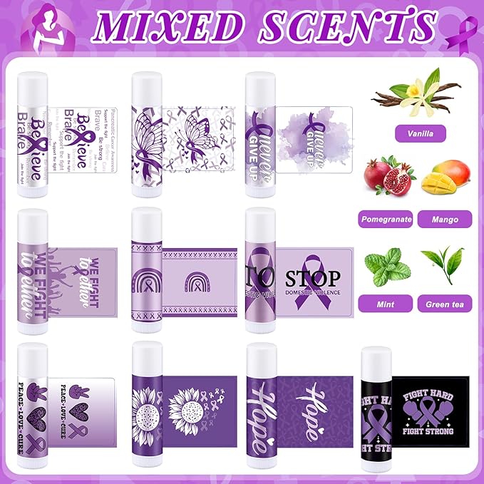 50 Set Overdose Awareness Lip Balms Gifts with 50 Organza Bags 50 Purple Awareness Ribbon Pins Raise Awareness for Domestic Violence Pancreatic Cancer Lupus Alzheimer's Awareness
