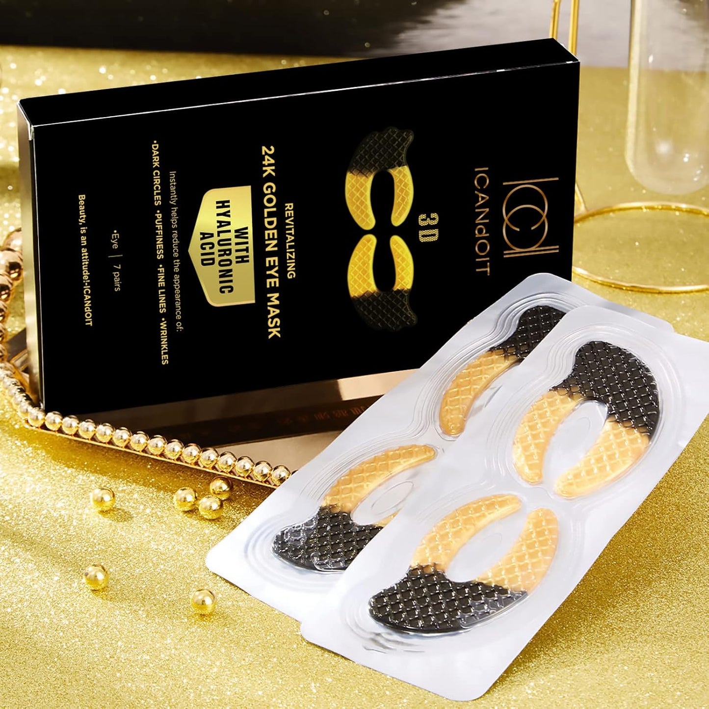 ICANdOIT 24K Gold Eye Mask For Dark Circles&Puffiness,Anti-Aging,Anti-Wrinkle With Hyaluronic Acid and Collagen,Eye Zone Care Eye Patches for All Skin Types,21Pairs