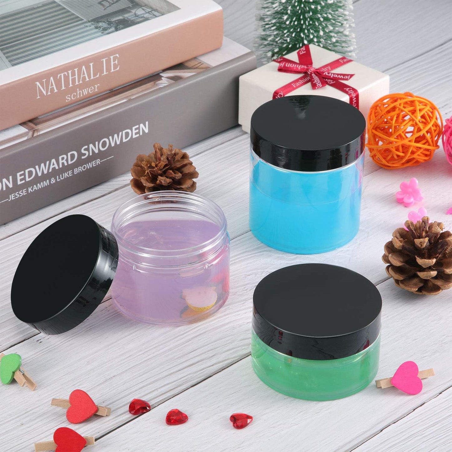 SATINIOR 24 Pieces Empty Clear Plastic Jars with Lids Round Storage Containers Wide-Mouth for Beauty Product Cosmetic Cream Lotion Liquid Butter Craft and Food (Black Lid, 6 oz)