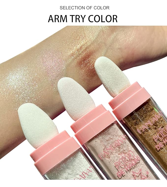 AKARY Shimmer Highlighter Powder, Fairy Polvo De Hadas Highlighter Powder & Blush Stick, Instant Glow Luminizer Duo, Glitter Body Face Hair High Gloss Stick, Sparkle Smudge-Proof Highlighter Stick Party Makeup (#03 Golden Brown)