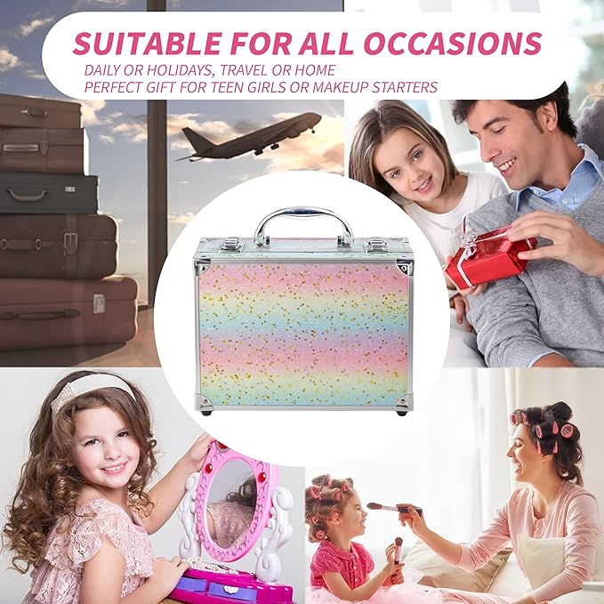 Hot Sugar Makeup Kit for Women Full Kit Teen Girls Starter Cosmetic Gift Set with Beautiful Rainbow Train Case Includes Pigmented Eyeshadow Palette Blush Lipstick Lip Pencil Eye Pencil (Rainbow)