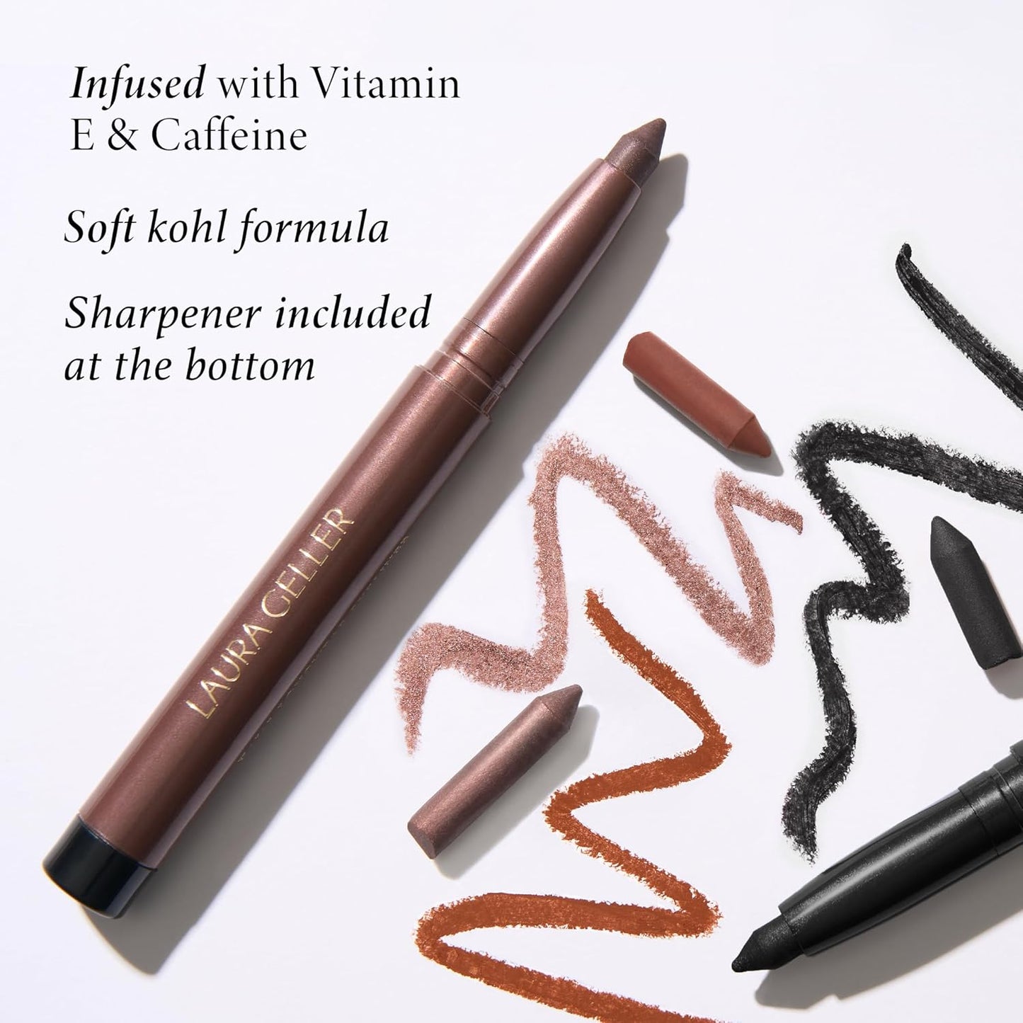 LAURA GELLER NEW YORK Kajal Longwear Kohl Eyeliner Pencil - Khaki Kohl - Caffeine and Vitamin E - Smooth & Blendable Liner - Built-In Sharpener