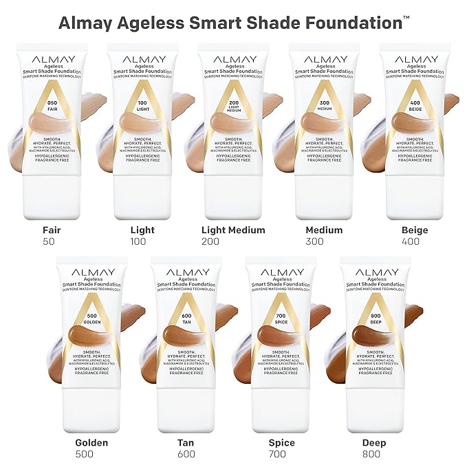Almay Anti-Aging Foundation, Smart Shade Face Makeup with Hyaluronic Acid, Niacinamide, Vitamin C & E, Hypoallergenic-Fragrance Free, 500 Golden, 1 Fl Oz (Pack of 1)