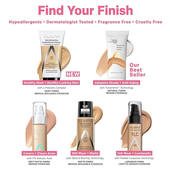 Almay Skin Perfecting Healthy Biome Foundation Makeup with Prebiotic Complex SPF 25, Hypoallergenic, -Fragrance Free, 120 Beige, 1 fl. oz.