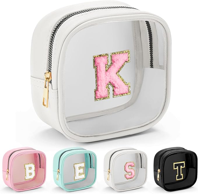 YOOLIFE Initial Make Up Bag Travel Toiletry Bag, Clear Makeup Bag Preppy Cosmetic Bags Organizer Travel Essentials Gifts for Women Teen Girlfriend Teacher Mom Birthday Mothers Day Gifts White K