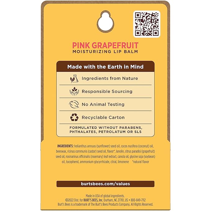 Burt's Bees Lip Balm - Pink Grapefruit, Lip Moisturizer With Responsibly Sourced Beeswax, Tint-Free, Natural Origin Conditioning Lip Treatment, 2 Tubes, 0.15 oz.