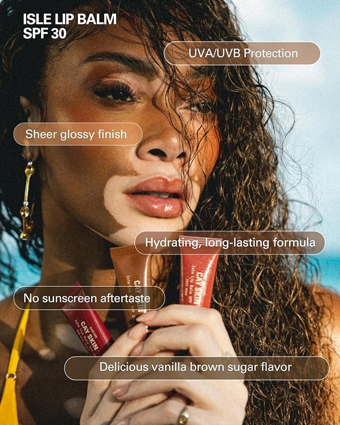 Cay Skin Isle Lip Balm SPF 30 – High Shine, Hydrating + Sheer Lip Gloss in Vanilla Brown Sugar Flavor – Formulated with Natural Ingredients for All Skin Tones – Clear