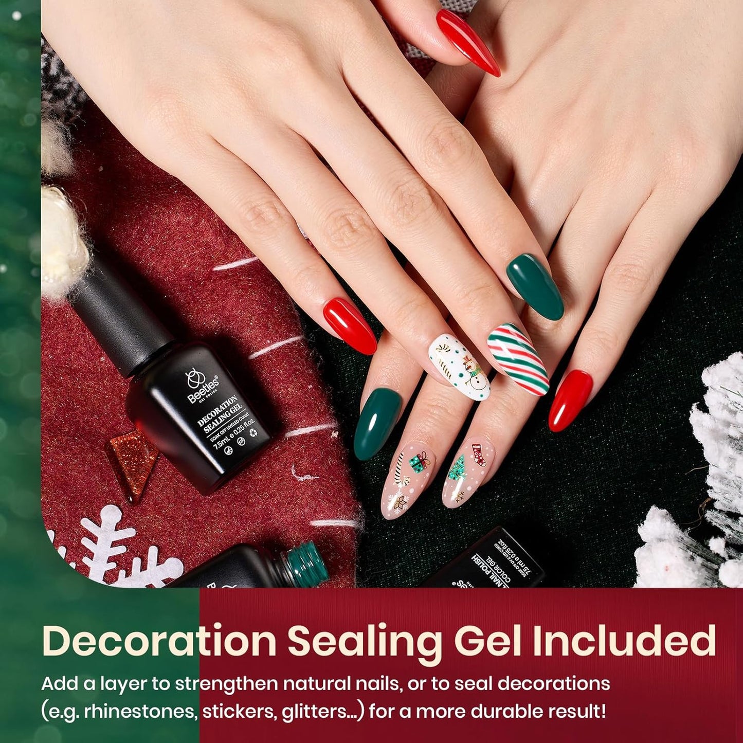 Beetles Green Gel Nail Polish Set, Sparkle Red Green Gel Polish Kit Soak Off UV LED Gel Nail Kit Manicure Gift with Nail Strengthener Gel