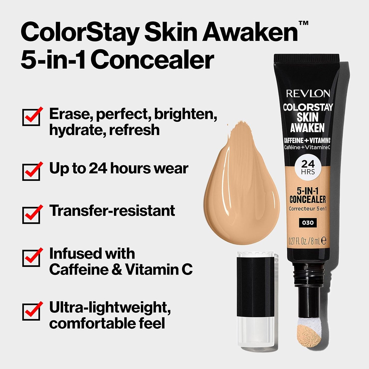 Revlon ColorStay Skin Awaken 5-in-1 Concealer, Lightweight, Creamy Longlasting Face Makeup with Caffeine & Vitamin C, For Imperfections, Dark Circles & Redness, 055 Coffee, 0.27 fl oz