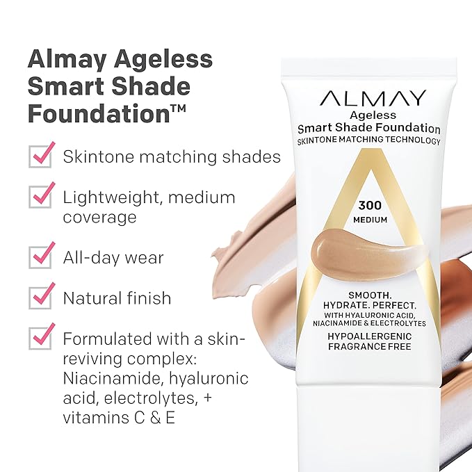 Almay Anti-Aging Foundation, Smart Shade Face Makeup with Hyaluronic Acid, Niacinamide, Vitamin C & E, Hypoallergenic-Fragrance Free, 100 Light, 1 Fl Oz (Pack of 1)