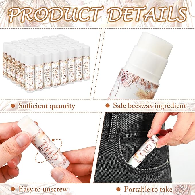 50 Pack Boho Baby Shower Lip Balm Party Supplies Bulk for Girls Guests Boys Baby Shower Gifts Neutral Gender Reveal Favors Prizes Souvenirs Winners Thank You Appreciation Gifts