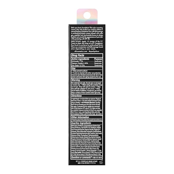 e.l.f. Camo CC Cream, SPF 30 Color-Correcting Medium-To-Full Coverage Face Foundation, Delivers An Airbrushed Finish, Vegan & Cruelty-Free, Light 250 W