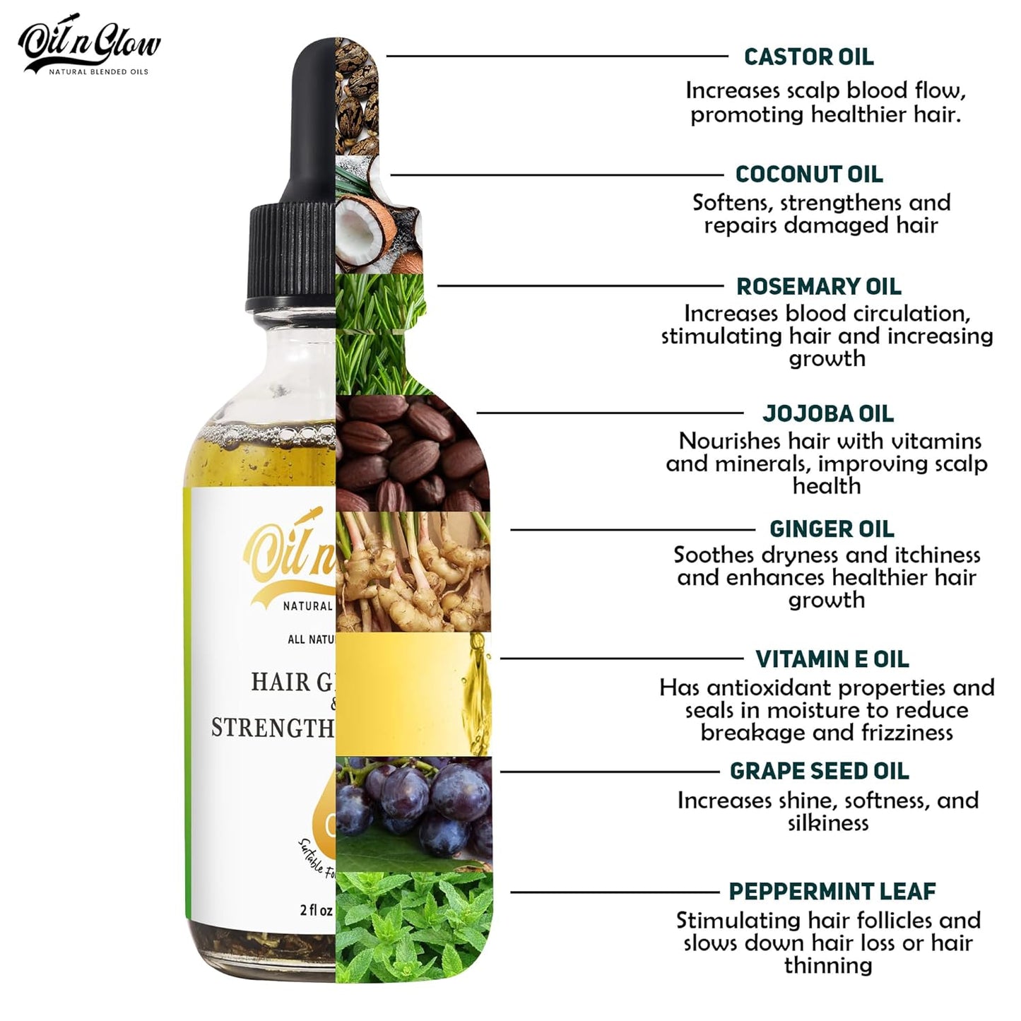 USDA Certified Organic 9 in 1 Natural Hair Growth Serum & Strengthening Oil with Rosemary, Castor, 100% Vegan Jojoba, Coconut, Grape Seed, Ginger & Scalp DHT Blocker Peppermint Oil 2 FL