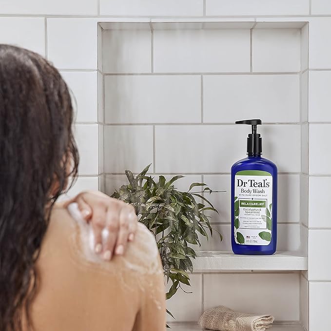 Dr Teal's Body Wash with Pure Epsom Salt, Relax & Relief with Eucalyptus & Spearmint, 24 fl oz (Pack of 4) (Packaging May Vary)