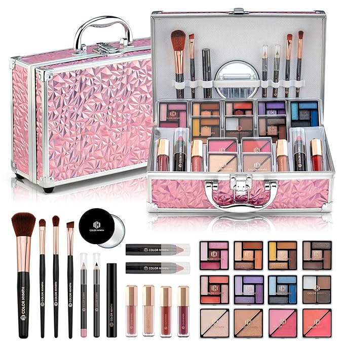 Color Nymph Starter Makeup Kit for Tweens Girls, Train Case for Women Full Kit with Eye Shadow, Lipstick, Blush, Brushes, Lipgloss, Mascara, Brow Wax and Mirror Pink Full Starter Cosmetics Set