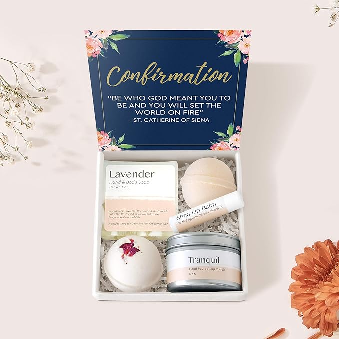 Dear Ava Spa Gifts for Women and Girls - Organic Self Care Luxury Gifting Idea Kit Set Basket - Anti Stress Relaxing Bath and Body Gift Box for Her with Heartfelt Card Confirmation Gift for Girls