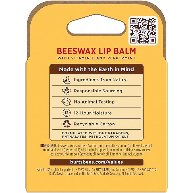 Burt's Bees Lip Balm - Original Beeswax, Lip Moisturizer With Responsibly Sourced Beeswax, Tint-Free, Natural Origin Conditioning Lip Treatment, 4 Tubes, 0.15 oz.