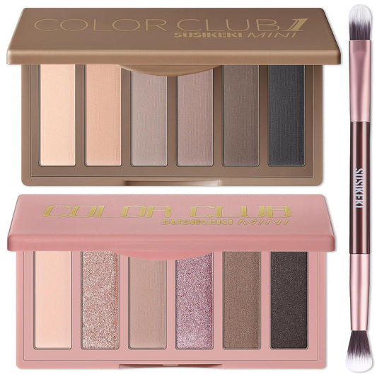 2PCS 6 Colors Mini Eyeshadow Palette Makeup with Brush Set Neutral Nude Eye Shadow Pink & Brown Matte Shimmer Make Up Pallet with Mirror Highly Pigmented Travel Size Gift Kit