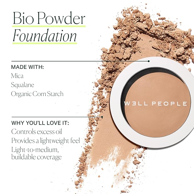 Well People Bio Powder Foundation, Lightweight & Hydrating Foundation For Perfecting & Smoothing Skin, Semi-Matte Finish, Vegan & Cruelty-free, 6N