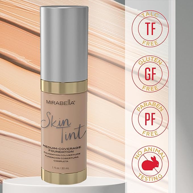 Mirabella Skin Tint Creme Liquid Foundation Makeup, Oil-Free Mineral Foundation for Medium Coverage - w/Hyaluronic Acid, Squalane, & Allantoin for All Skin Types - IIIW Warm