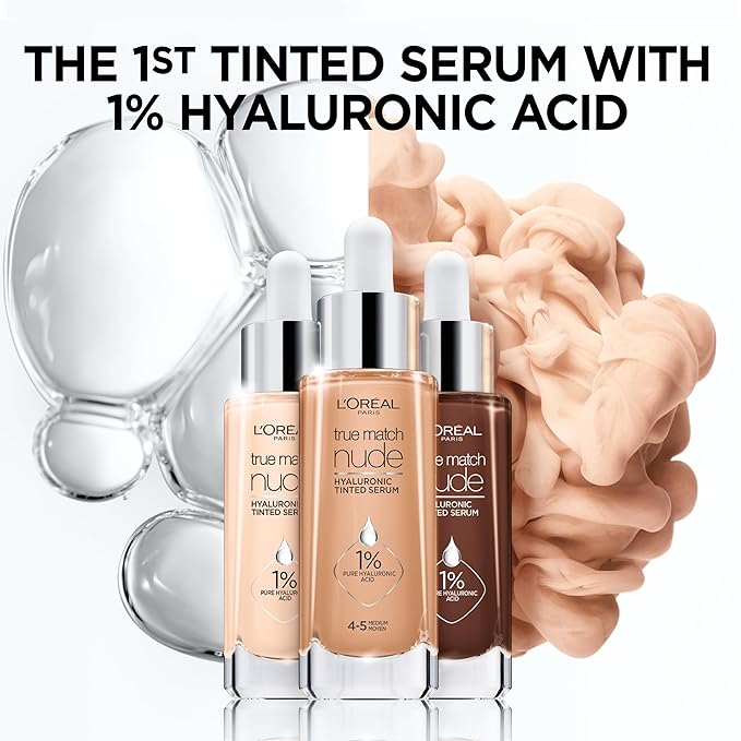 L'Oreal Paris True Match Nude Hyaluronic Tinted Serum Foundation with 1% Hyaluronic acid, Tan 6-7, 1 fl. oz.