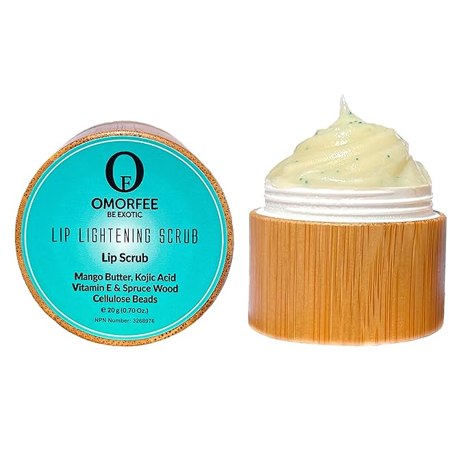 Omorfee 100% Organic Lip Lightening Scrub, Vegan Lip Exfoliator & Moisturizer, Gentle Overnight Lip Mask Treatment, With Kojic Acid, Vitamin E & Natural Beads for Dull, Dry & Dark Lips- 20g/0.70Oz