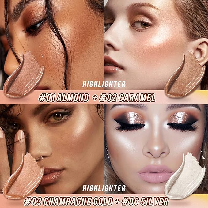 2 Pcs Cream Contour Stick Makeup Kit, Cream Highlighter Stick & Contour Bronzer Stick for Cheeks, Lightweight Blendable Smooth -Highlighter (#03 Champagne Gold #06 Silver)