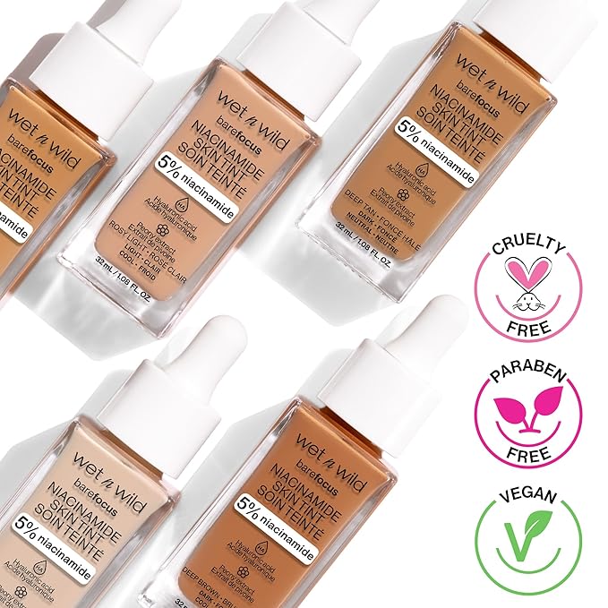 wet n wild Bare Focus Skin Tint,5% Niacinamide Enriched, Buildable Sheer Lightweight Coverage,Natural Radiant Finish,Hyaluronic & Vitamin Hydration Boost,Cruelty-Free & Vegan-Light Medium Sand